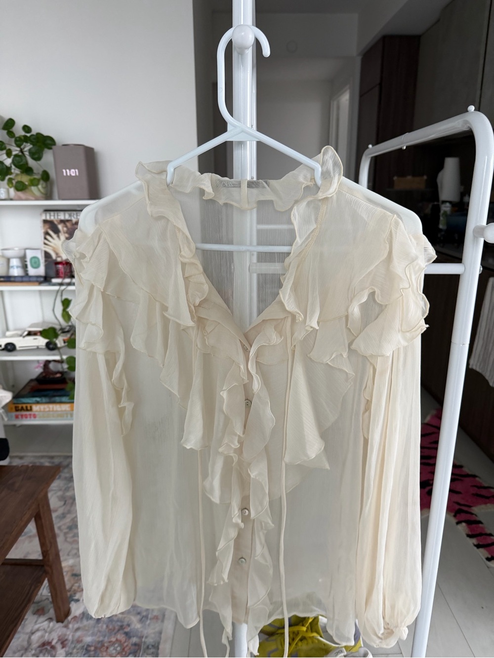 Zara Cream Sheer Ruffle Button Blouse